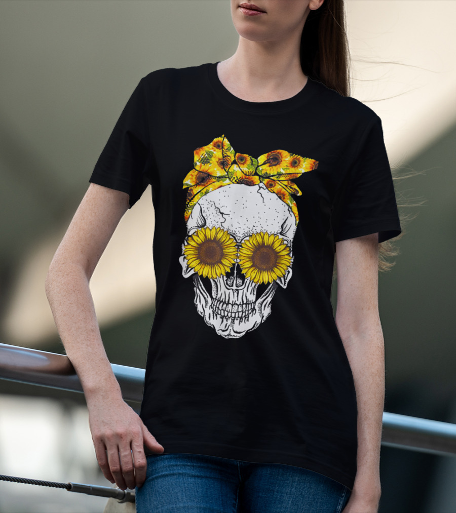 Skull With Sunflower Glasses And Floral Headband T-Shirt