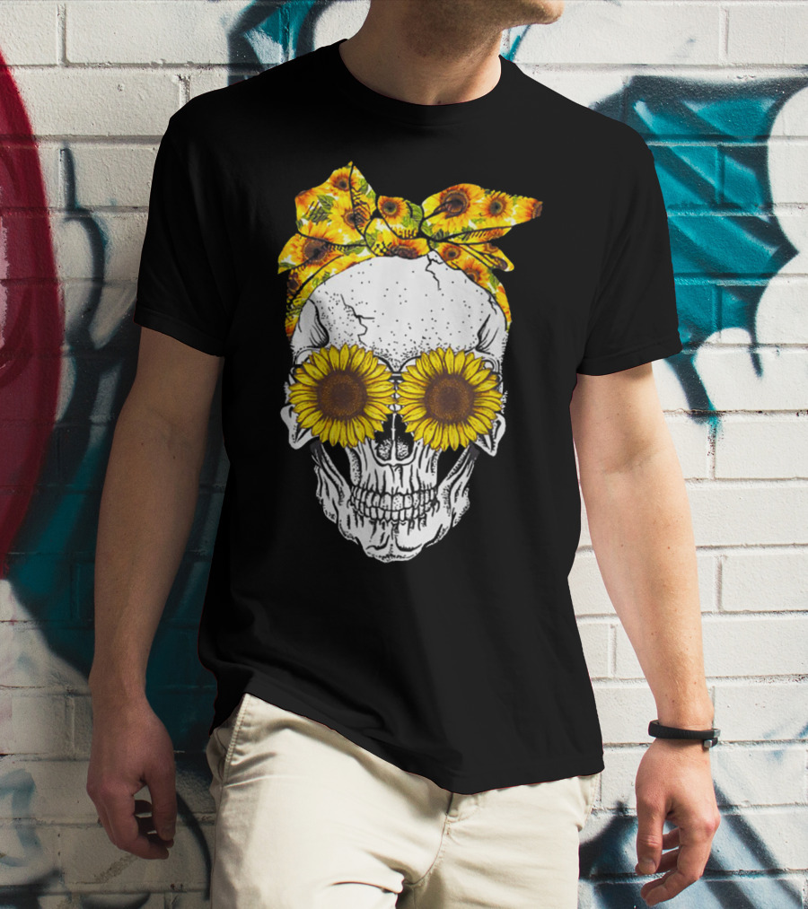 Skull With Sunflower Glasses And Floral Headband T-Shirt
