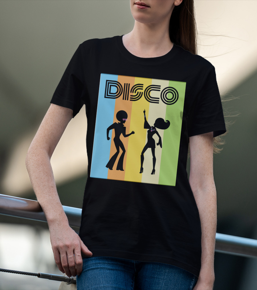 Disco Dancing 70s Disco Dancer With Silhouette And Retro Stripes T-Shirt