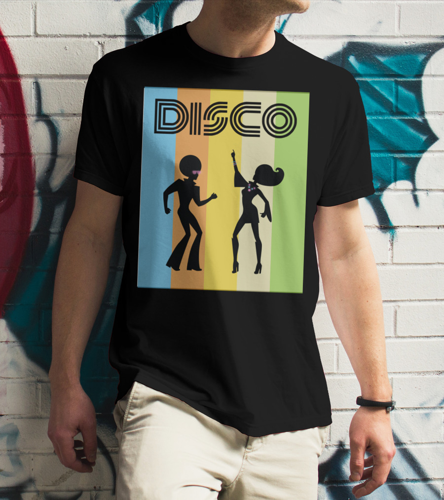 Disco Dancing 70s Disco Dancer With Silhouette And Retro Stripes T-Shirt