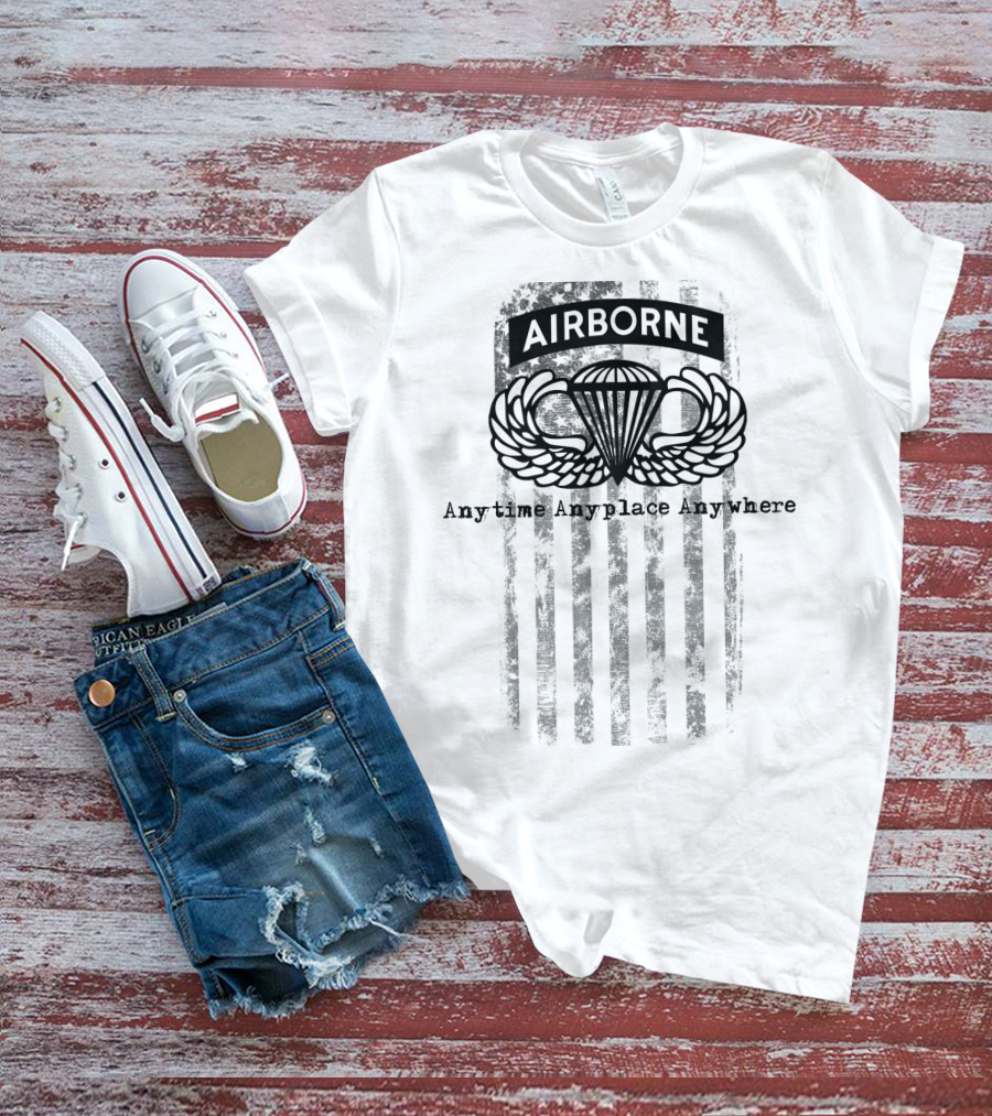 Airborne Paratrooper Black Jump Wings Anytime Anyplace Anywhere T-Shirt