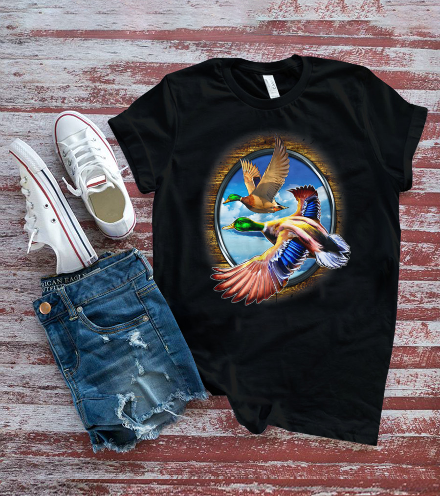 Flying Duck Hunting Scene With Colorful Ducks In Motion T-Shirt