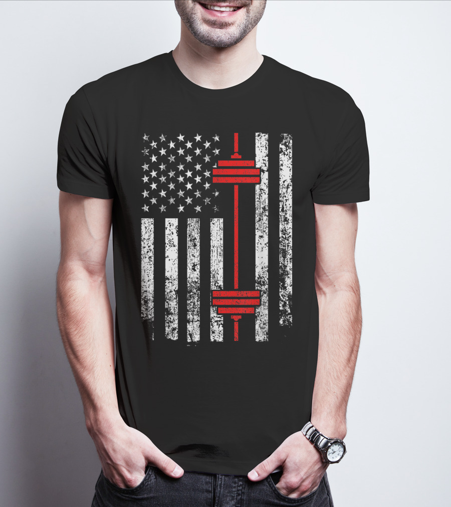 American Flag Barbell Weightlifting Fitness Strength T-Shirt