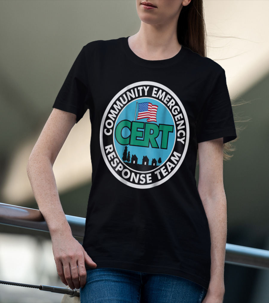 Community Emergency Response Team CERT American Flag Badge T-Shirt