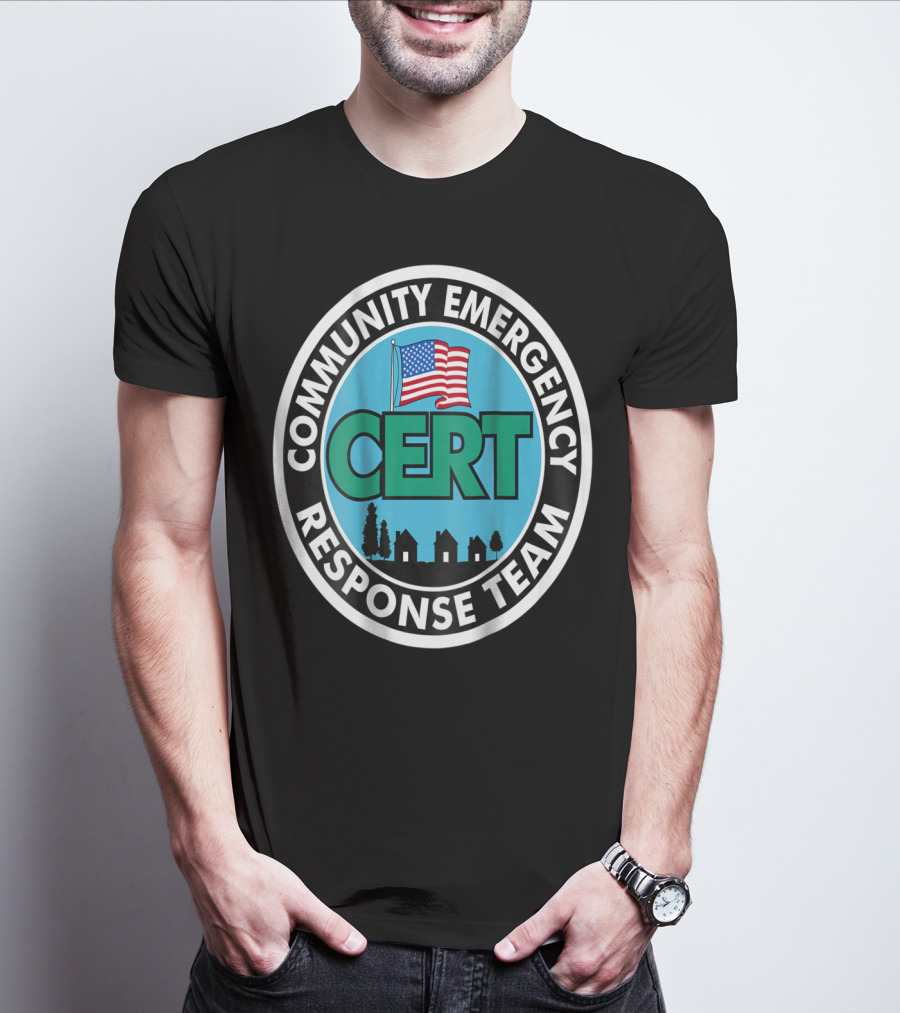 Community Emergency Response Team CERT American Flag Badge T-Shirt