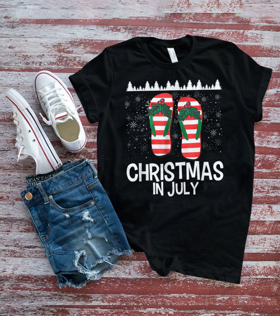 Christmas In July Flip Flop Stripes And Holly T-Shirt