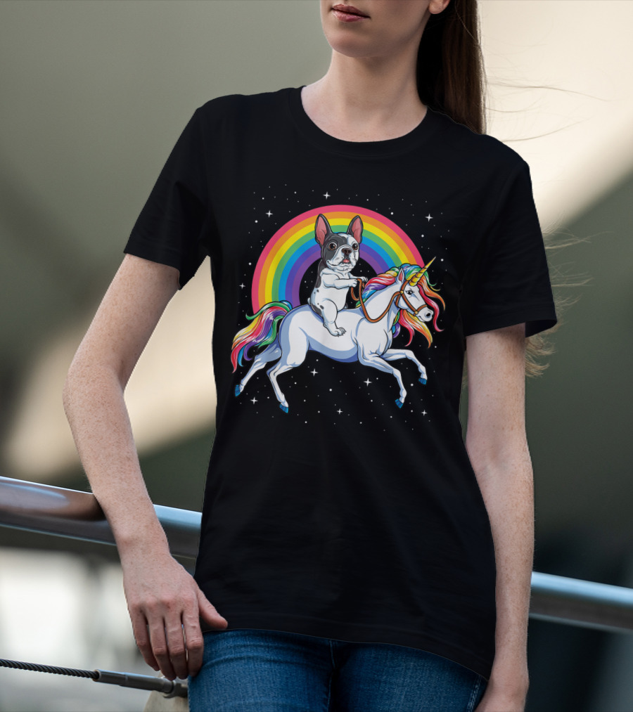 French Bulldog Riding Rainbow Unicorn In Space Galaxy T-Shirt