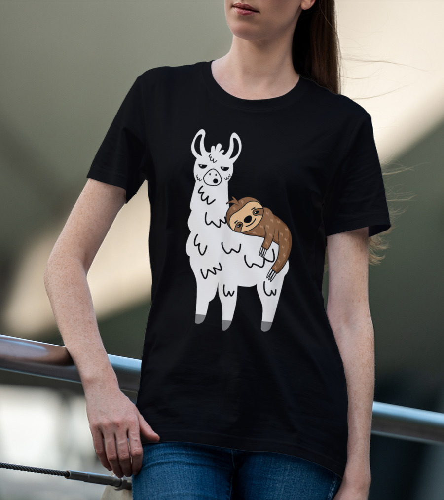 Funny Fluffy Sloth Hugging A Llama T-Shirt