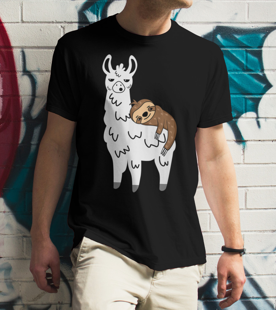 Funny Fluffy Sloth Hugging A Llama T-Shirt