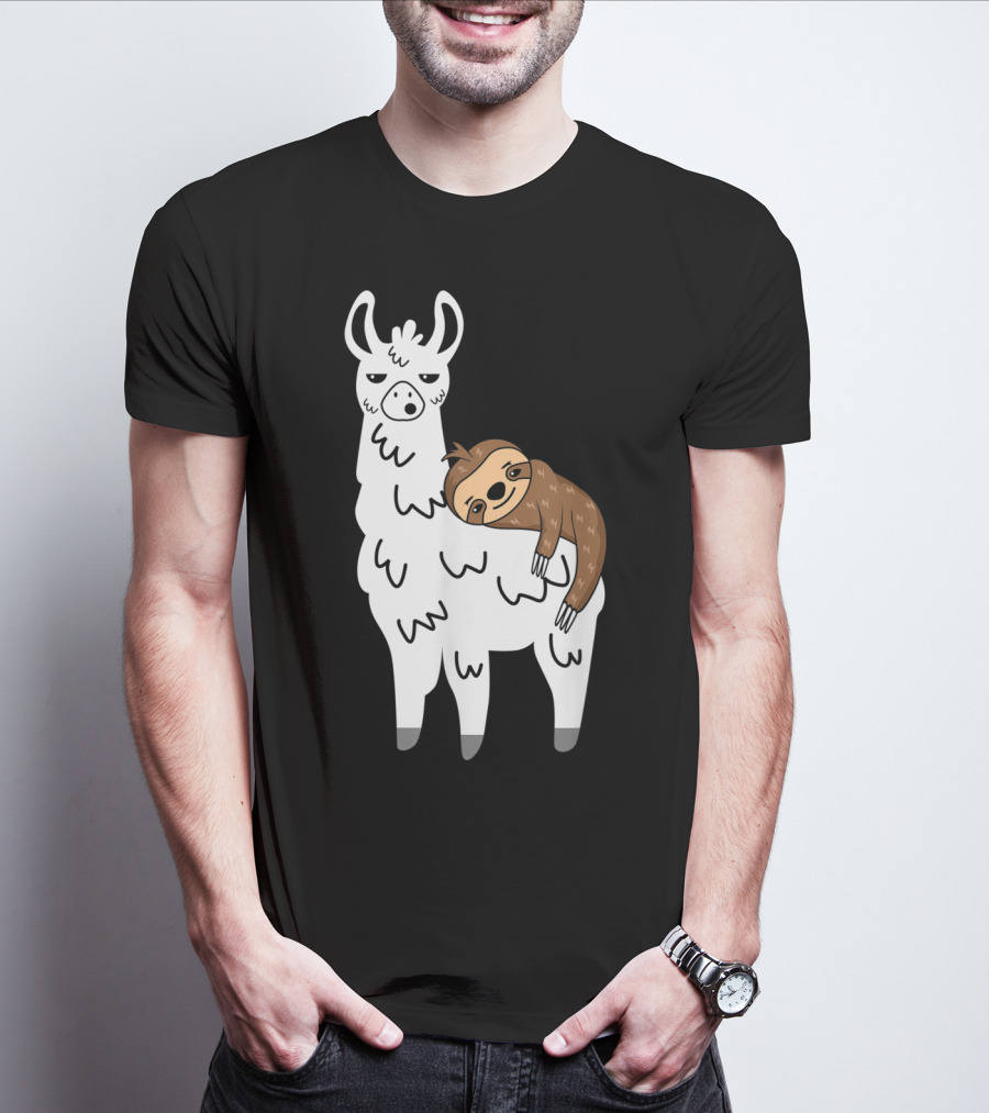 Funny Fluffy Sloth Hugging A Llama T-Shirt