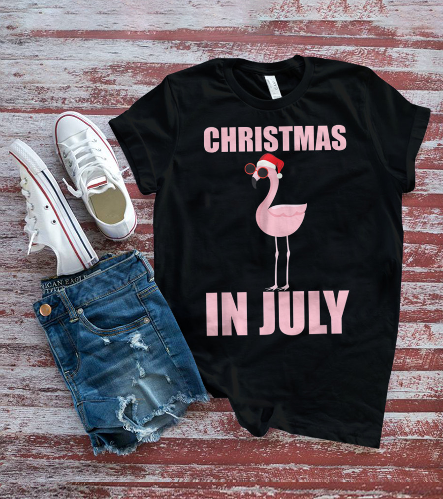 Christmas In July Funny Flamingo In Santa Hat T-Shirt
