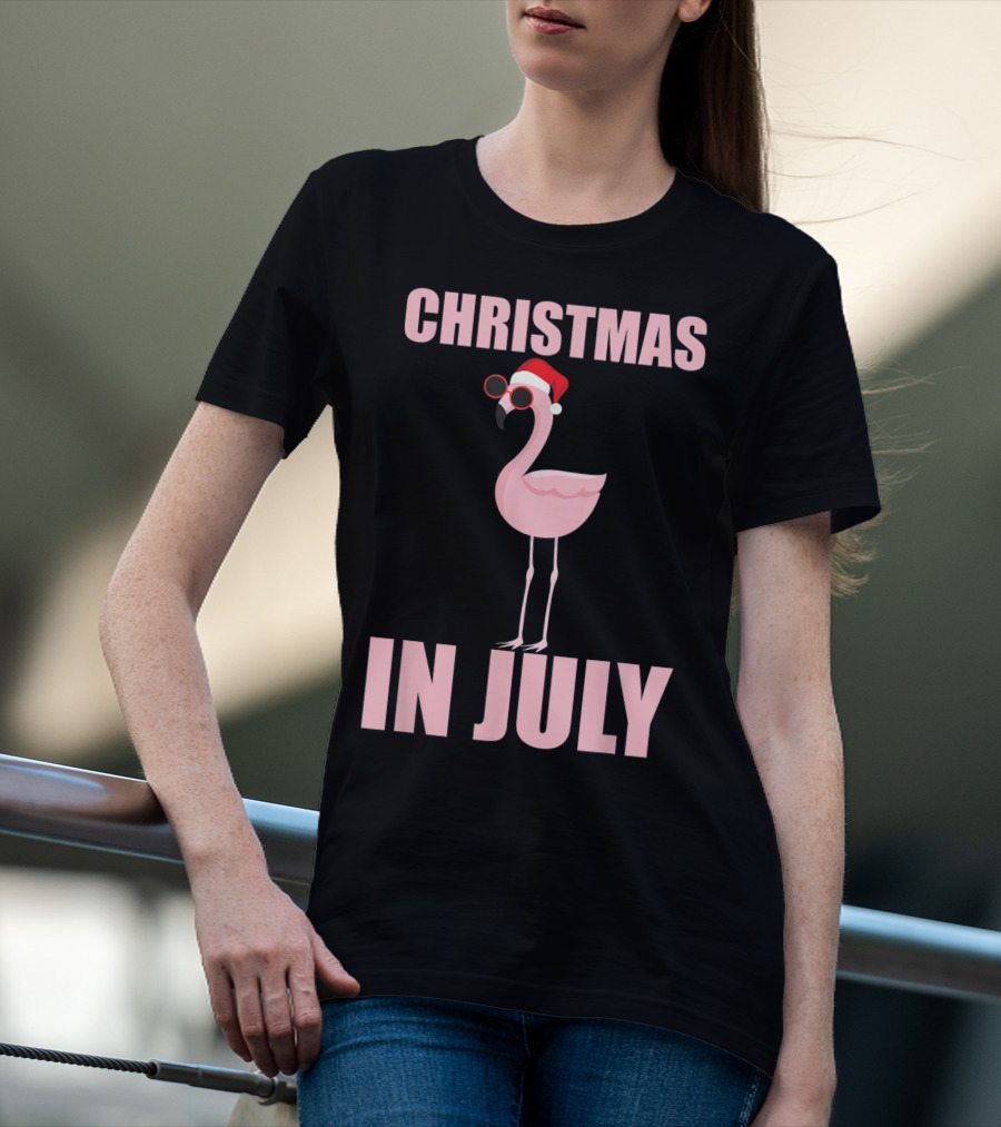 Christmas In July Funny Flamingo In Santa Hat T-Shirt