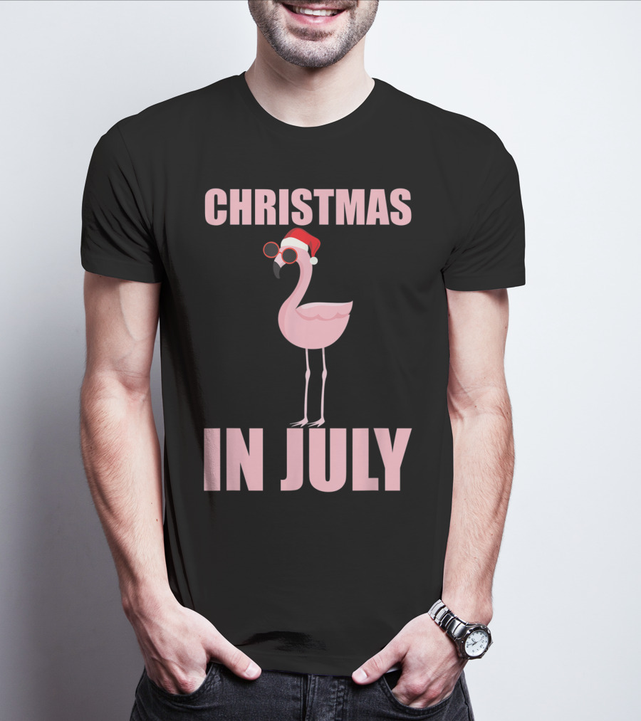 Christmas In July Funny Flamingo In Santa Hat T-Shirt