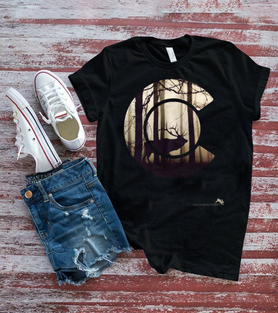 Colorado Elk Silhouette In Forest Scene T-Shirt
