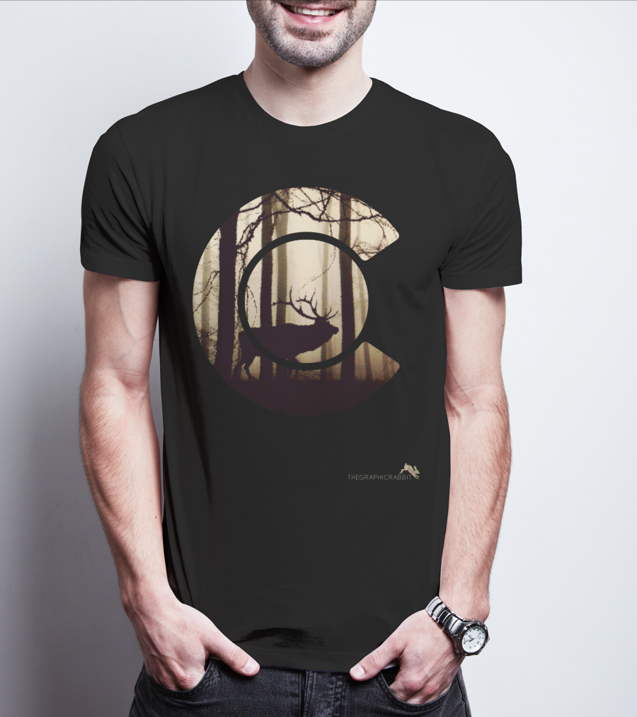 Colorado Elk Silhouette In Forest Scene T-Shirt