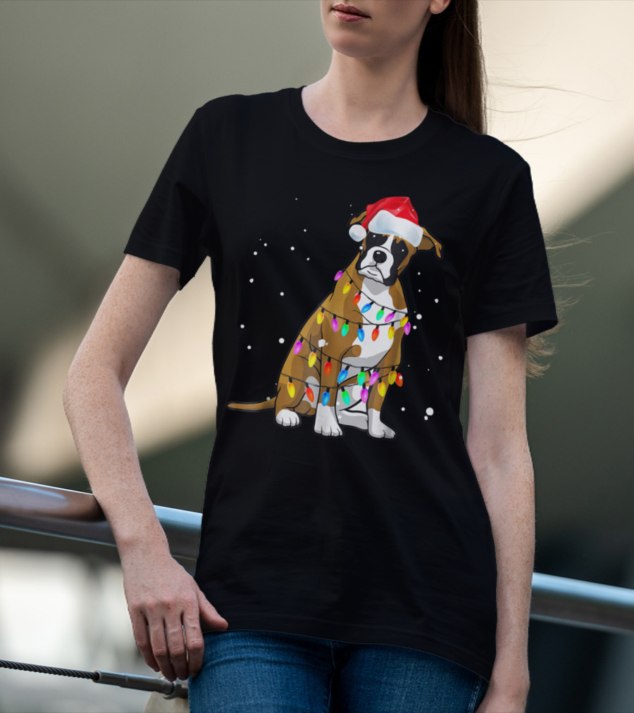Boxer Dog Wrapped In Christmas Lights Wearing Santa Hat T-Shirt