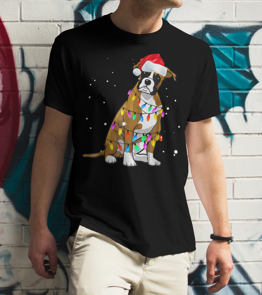 Boxer Dog Wrapped In Christmas Lights Wearing Santa Hat T-Shirt