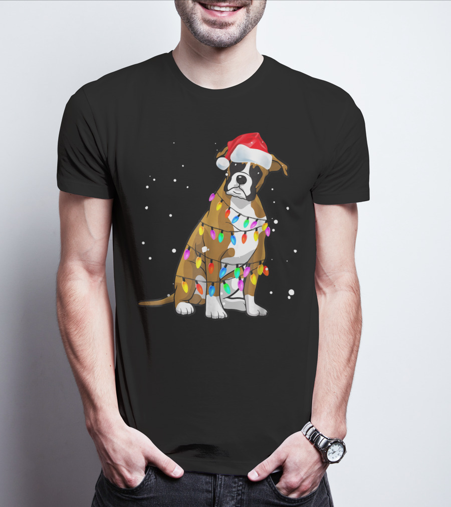 Boxer Dog Wrapped In Christmas Lights Wearing Santa Hat T-Shirt