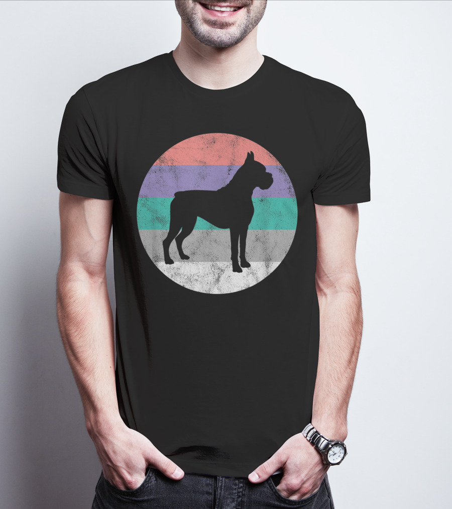Boxer Dog Silhouette With Striped Circle Retro T-Shirt