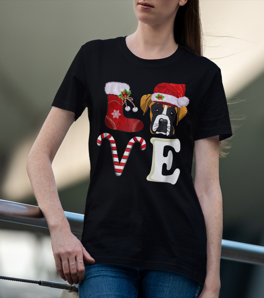 Boxer Dog Love Christmas Light With Santa Hat And Candy Cane T-Shirt