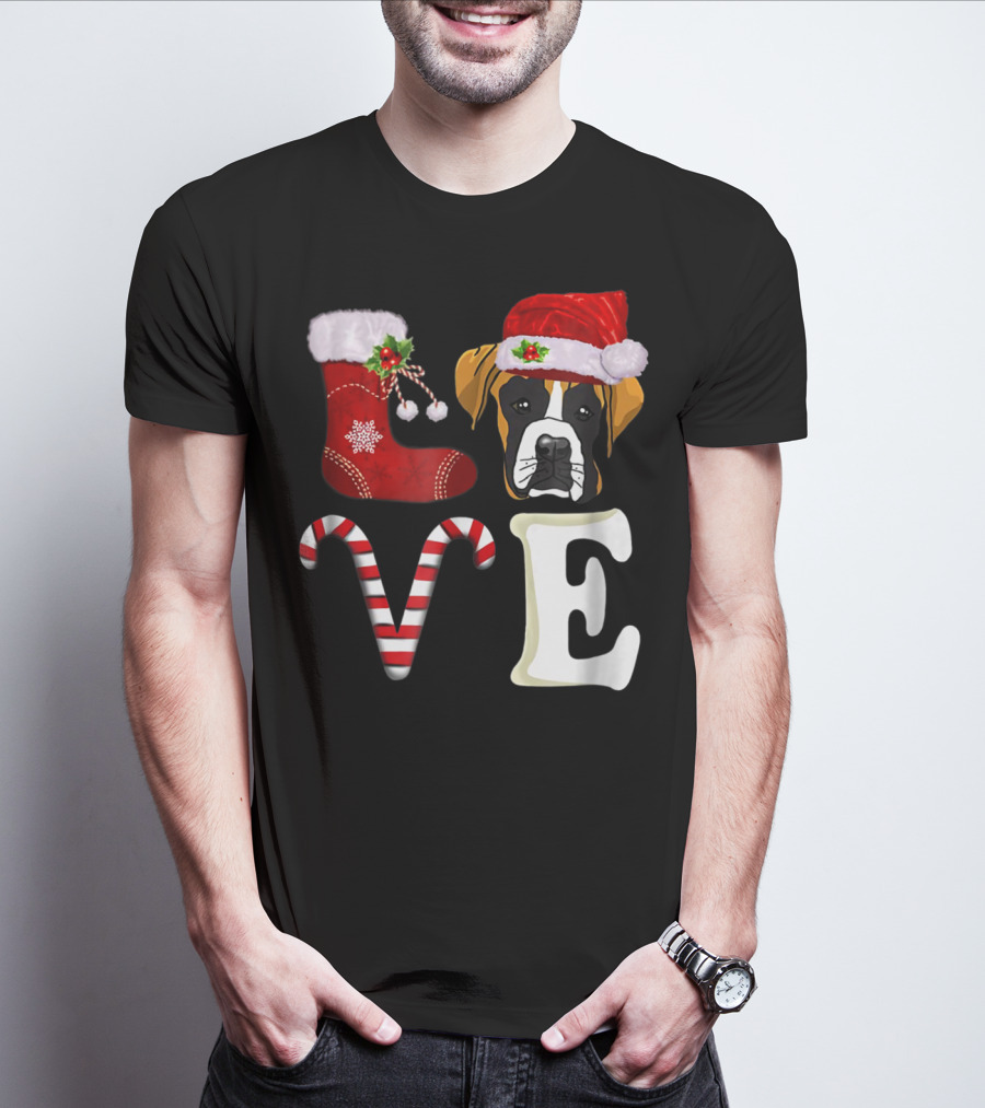 Boxer Dog Love Christmas Light With Santa Hat And Candy Cane T-Shirt