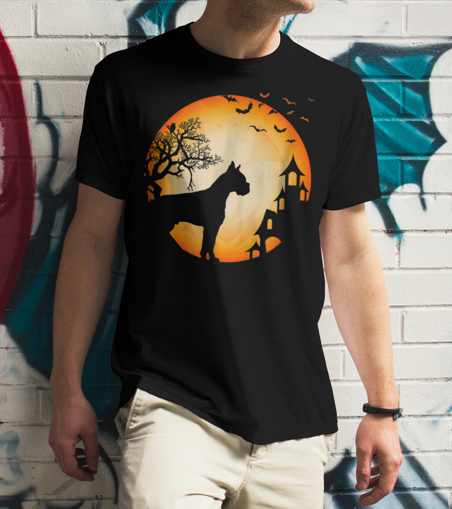 Scary Boxer Dog Halloween Moon With Bats And Haunted House Scene T-Shirt