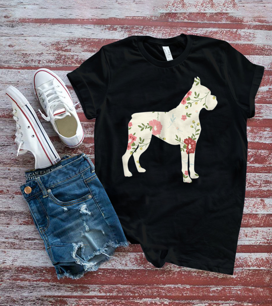 Cute Boxer Vintage Floral Dog Flower T-Shirt