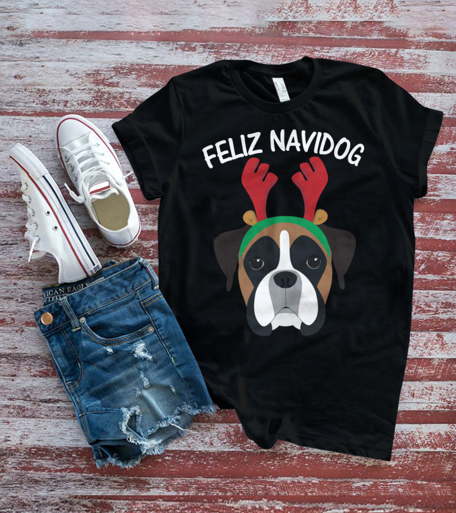Feliz Navidog Navidad Boxer Dog Reindeer Antlers T-Shirt