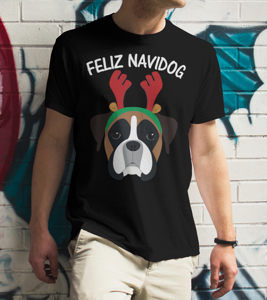 Feliz Navidog Navidad Boxer Dog Reindeer Antlers T-Shirt