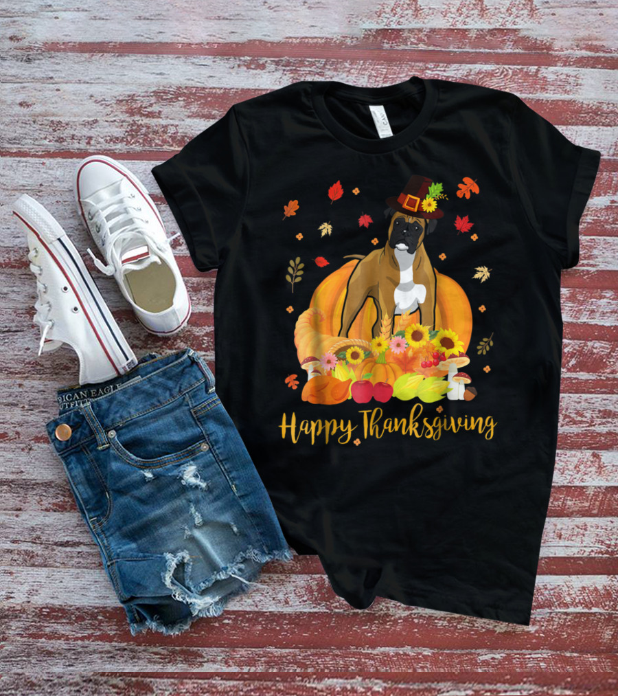 Thanksgiving Boxer Dog With Pilgrim Hat And Harvest Feast T-Shirt