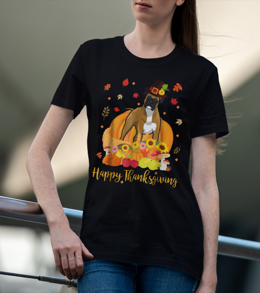 Thanksgiving Boxer Dog With Pilgrim Hat And Harvest Feast T-Shirt