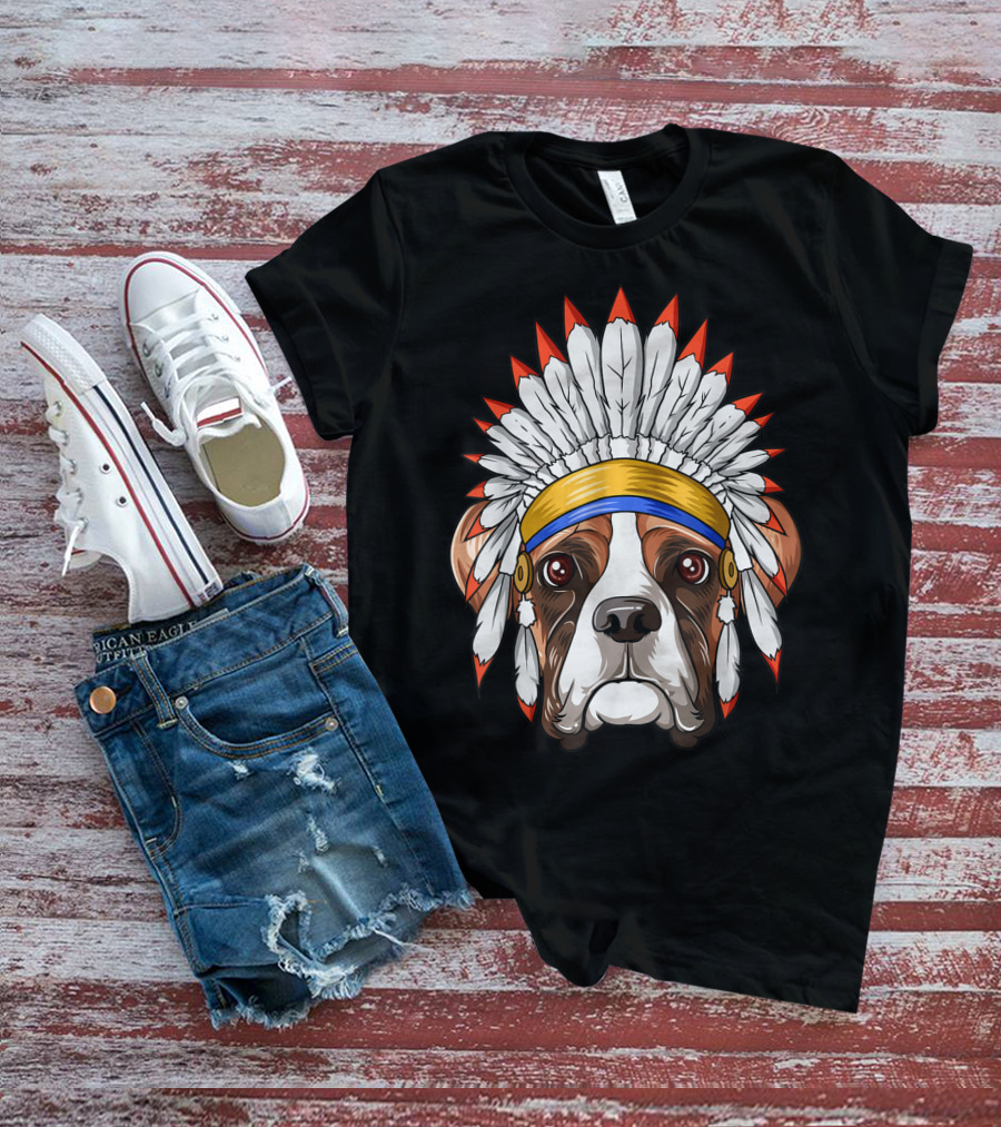 Native Indian American Boxer Feather Headdress Boxer Dog T-Shirt