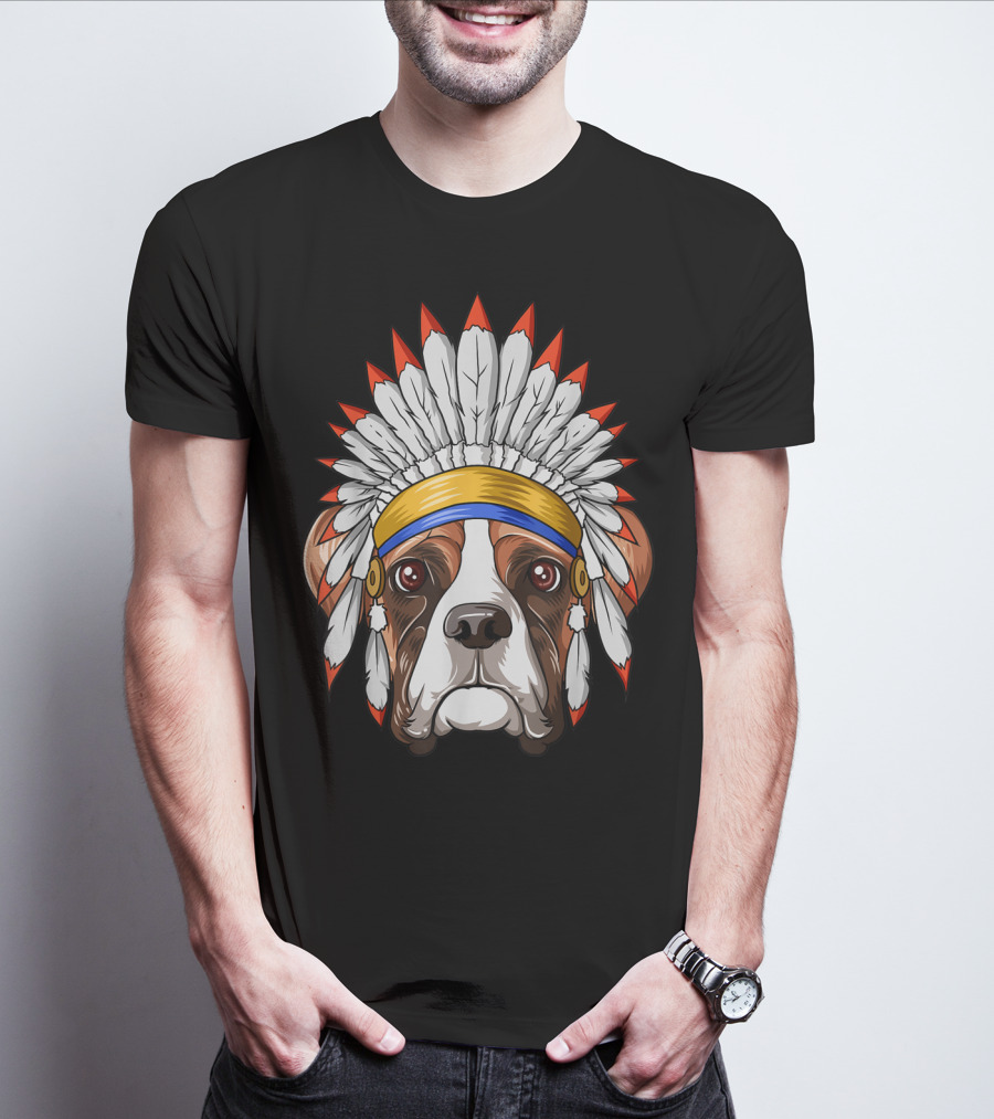 Native Indian American Boxer Feather Headdress Boxer Dog T-Shirt