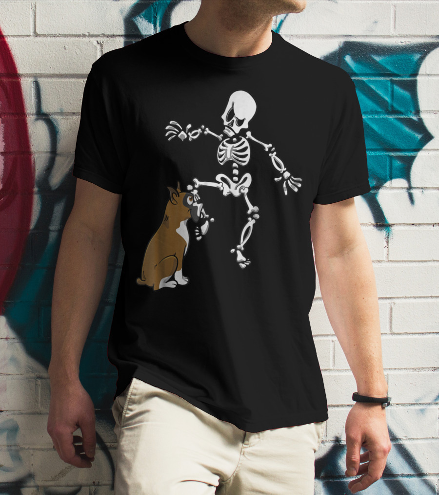 Boxer Dog Biting Skeleton Leg Halloween Dog Skeleton T-Shirt