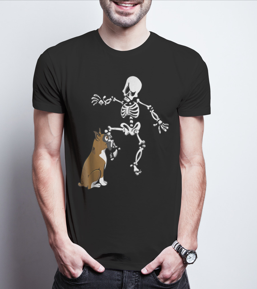 Boxer Dog Biting Skeleton Leg Halloween Dog Skeleton T-Shirt