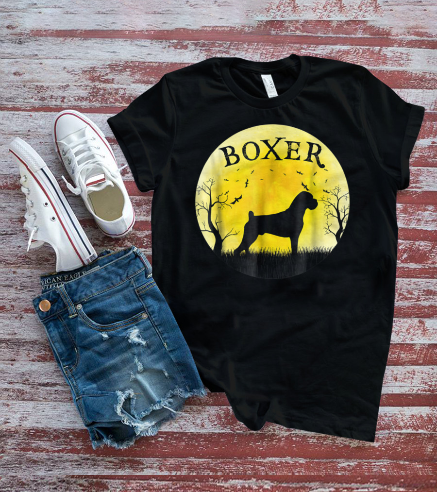 Boxer Dog Full Moon Halloween Bats Trees Vintage T-Shirt