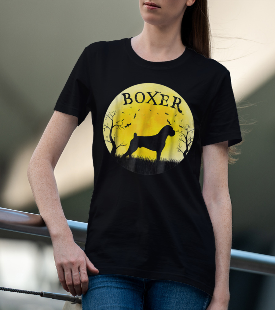 Boxer Dog Full Moon Halloween Bats Trees Vintage T-Shirt