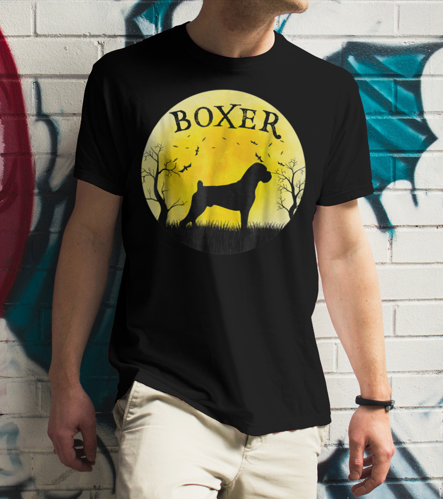 Boxer Dog Full Moon Halloween Bats Trees Vintage T-Shirt