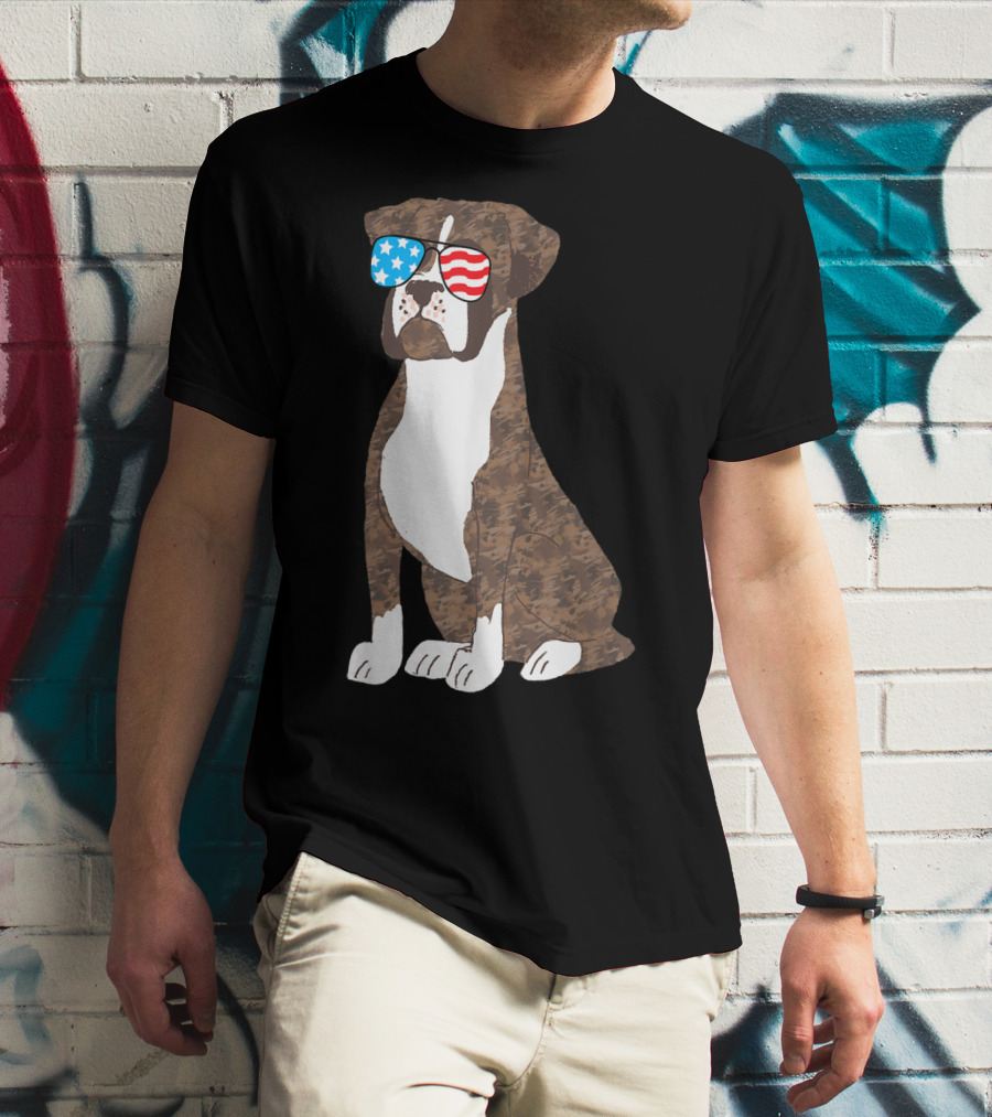 Patriotic Boxer Dog USA Flag Sunglasses Memorial Day T-Shirt