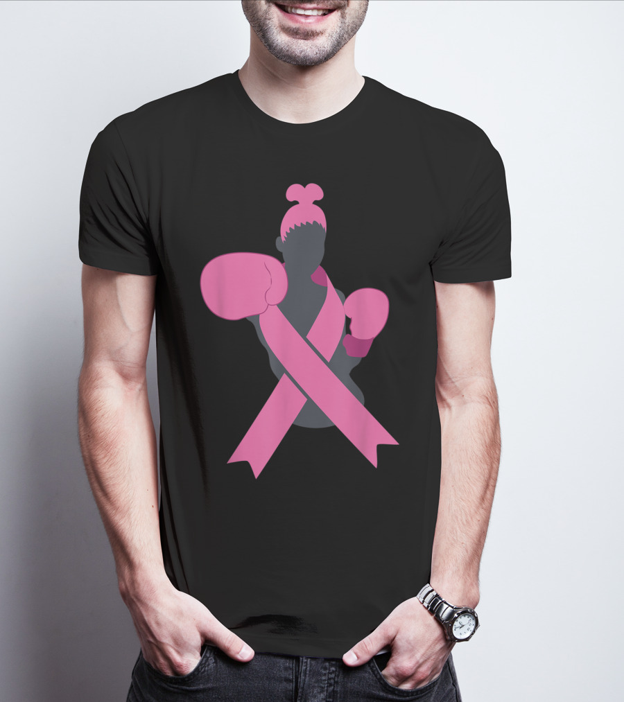 Boxer Supporting Breast Cancer Awareness With Pink Ribbon Boxing Gloves T-Shirt