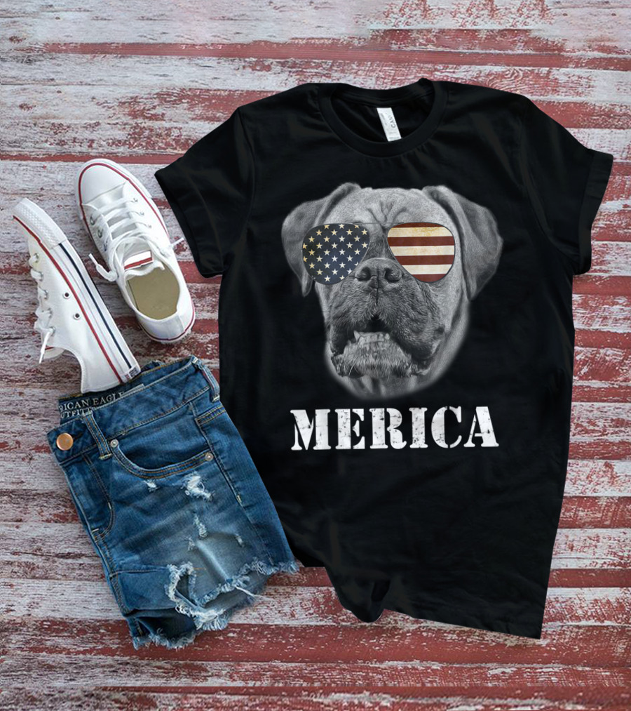 Merica Patriotic Boxer Dog With USA Flag Sunglasses T-Shirt