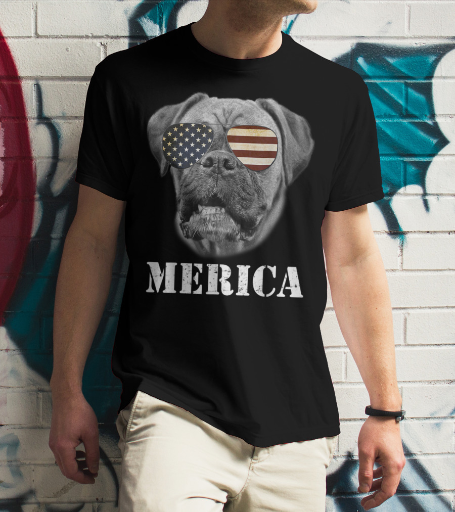 Merica Patriotic Boxer Dog With USA Flag Sunglasses T-Shirt