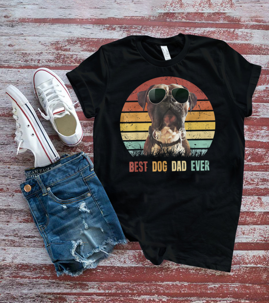 Mens Vintage Best Dog Dad Ever Boxer Dog Sunglasses Retro Sunburst T-Shirt