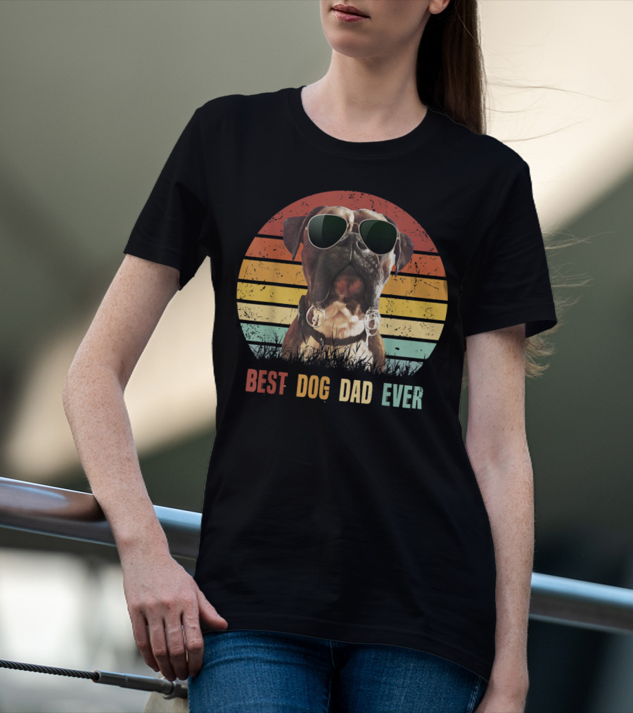 Mens Vintage Best Dog Dad Ever Boxer Dog Sunglasses Retro Sunburst T-Shirt