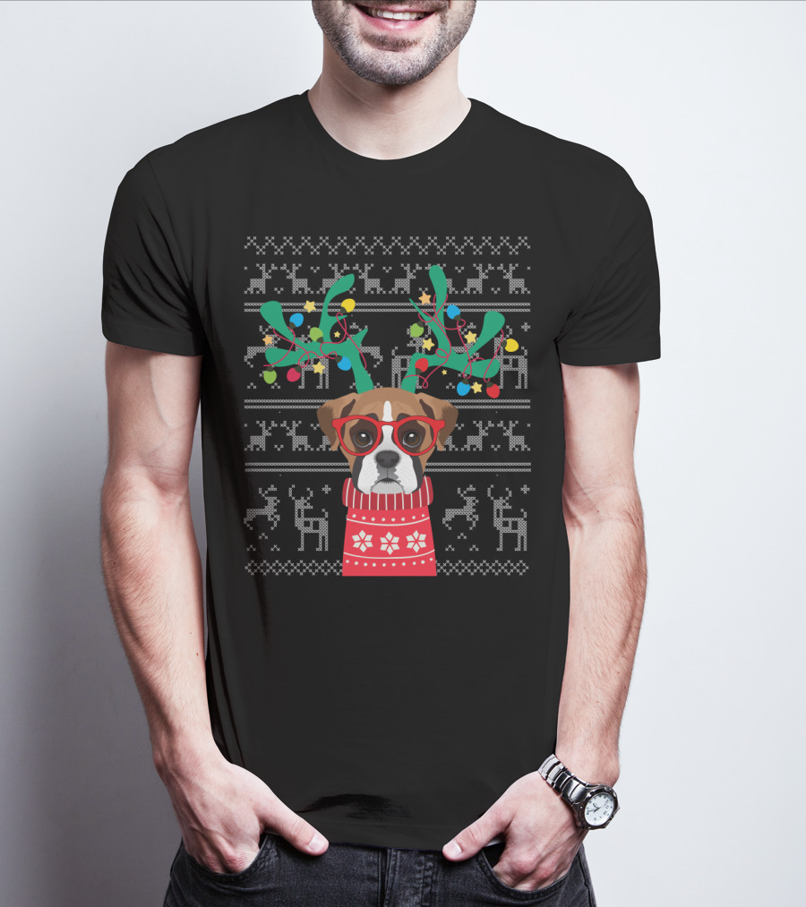 Swea Xmas Boxer Dog Reindeer Antlers Holiday Lights Ugly Christmas T-Shirt
