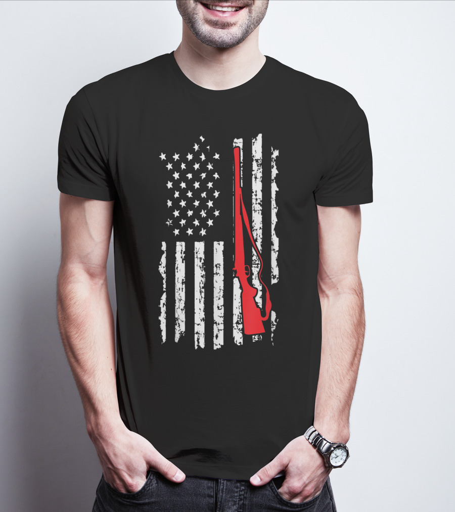 American Flag Gun Hunters Rifle In Red Silhouette T-Shirt