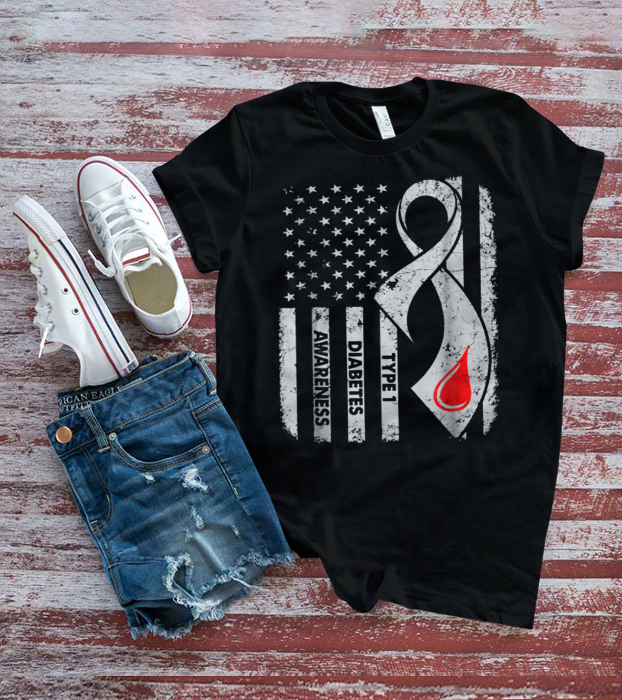 American Flag Type 1 Diabetes Awareness Ribbon With Blood Drop T-Shirt