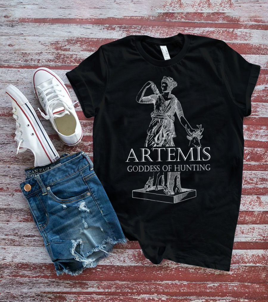 Artemis Goddess Of Hunting Greek Mythology Statue With Deer Scene T-Shirt