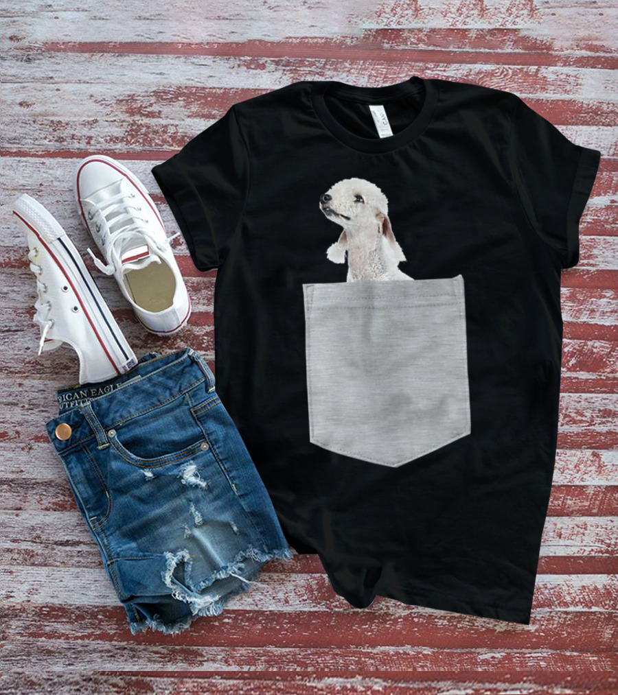Bedlington Terrier Peeking From Gray Pocket T-Shirt