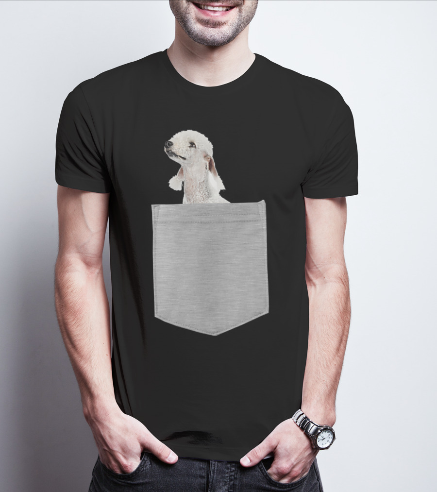 Bedlington Terrier Peeking From Gray Pocket T-Shirt
